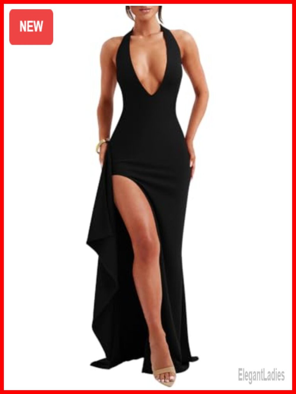 LAGSHIAN Women's Deep V Neck High Split Cocktail Party Maxi Dress